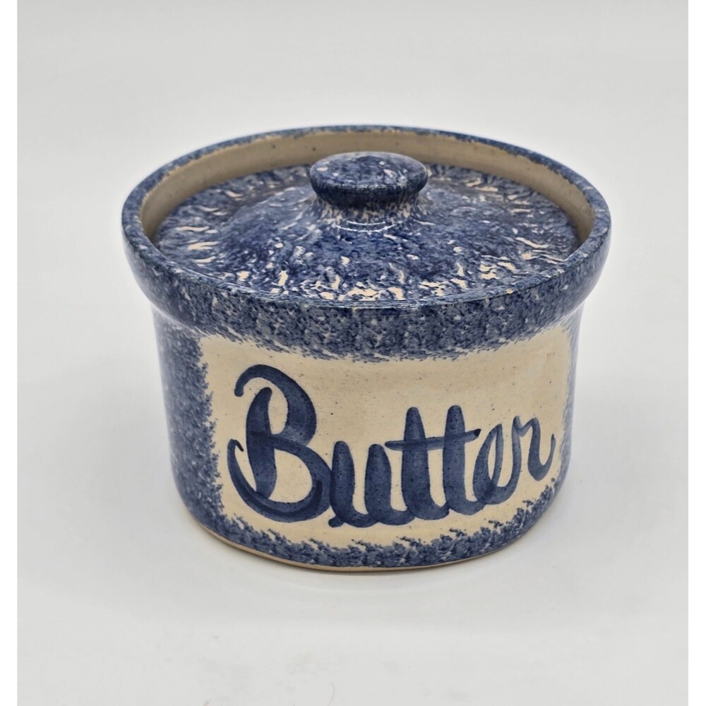 Vintage 2002 Blue and White Spongeware Ceramic Butter Crock with Lid